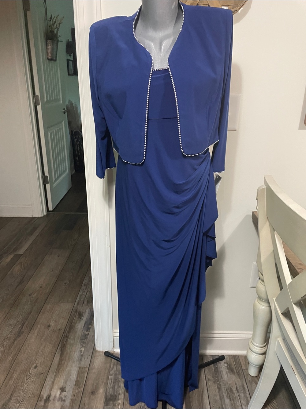Alex Evenings Sapphire Blue Drape Maxi Dress with Embellished Jacket